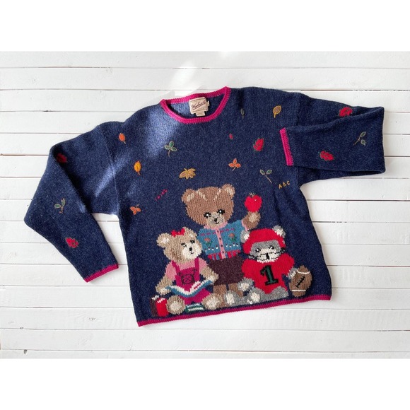vintage Woolrich teddy bear navy wool teacher granny sweater - Picture 1 of 4